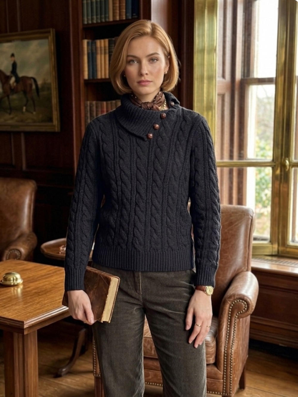 Ralph Lauren Blue Label Navy Cable Knit Sweater Button Neck 100% Cotton Size M